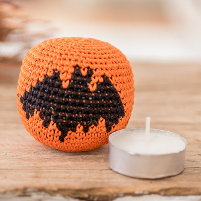 Cotton hacky sack, 'Playful Bat' - Crocheted Cotton Hacky Sack with Bat Motif in Orange & Black