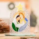 Float glass home accent, 'Serene Bonds' - Handmade Religious Float Glass Home Accent in Green and Blue