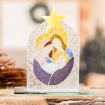 Float glass home accent, 'Eternal Bonds' - Religious Float Glass Home Accent in Blue and Purple Hues