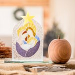 Float glass home accent, 'Eternal Bonds' - Religious Float Glass Home Accent in Blue and Purple Hues