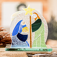 Krippe aus Floatglas, „Leuchtende Familie“ – handbemalte Krippe aus Floatglas in warmen Farbtönen