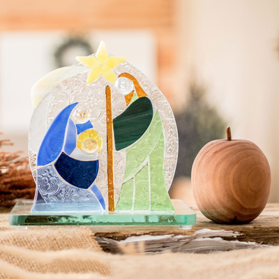 Float glass nativity scene, 'Luminous Family' - Hand-Painted Warm-Toned Float Glass Nativity Scene