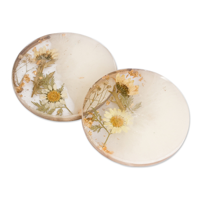 Resin coasters, 'Ethereal Blooming' (pair) - Pair of Handcrafted Floral Round White Resin Coasters