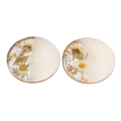 Resin coasters, 'Ethereal Blooming' (pair) - Pair of Handcrafted Floral Round White Resin Coasters
