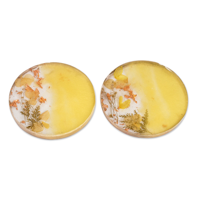 Resin coasters, 'Prosperous Blooming' (pair) - Pair of Handcrafted Floral Round Yellow Resin Coasters