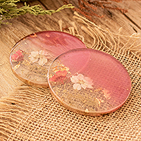 Posavasos de resina, (par) - Par de posavasos de resina rosa redondos florales hechos a mano