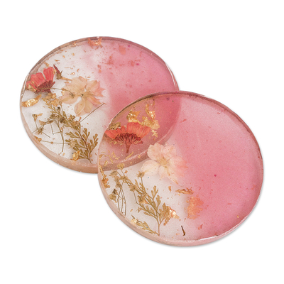 Resin coasters, 'Dulcet Blooming' (pair) - Pair of Handcrafted Floral Round Pink Resin Coasters