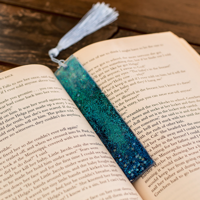 Resin bookmark, 'Sparkling Twilight' - Handmade Blue and Green Starry Resin Bookmark with Glitter