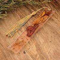 Marcador de resina, 'Autumn Realm' - Marcador de resina marrón floral hecho a mano con borla de nailon