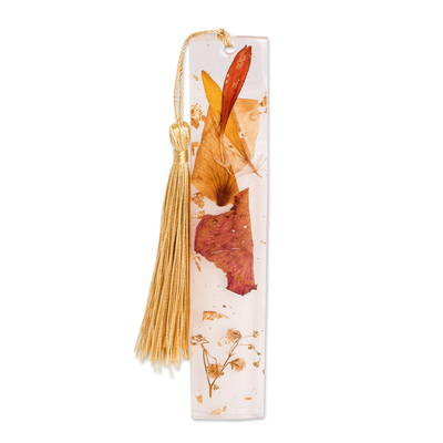 Resin bookmark, 'Autumn Realm' - Handcrafted Floral Brown Resin Bookmark with Nylon Tassel