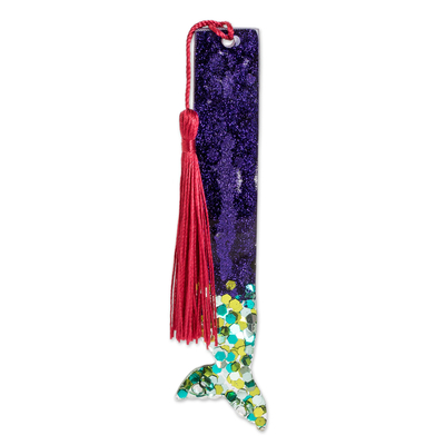 Resin bookmark, 'Mermaid Legends' - Handcrafted Mermaid-Themed Resin Bookmark with Red Tassel