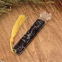 Resin bookmark, 'Feline Legends' - Handcrafted Cat-Themed Resin Bookmark with Yellow Tassel