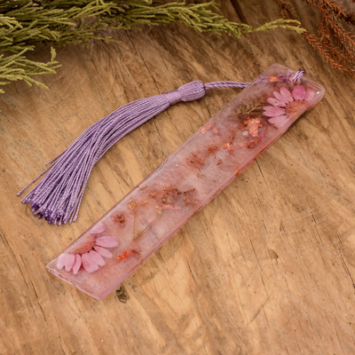 Resin bookmark, 'Blooming Realm' - Handcrafted Floral Purple Resin Bookmark with Nylon Tassel