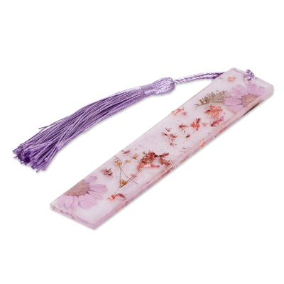 Marcador de resina - Marcador de resina púrpura floral hecho a mano con borla de nailon