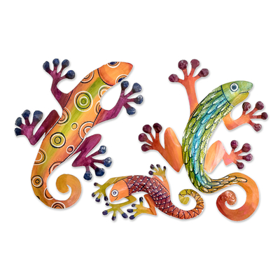 Arte de pared de acero (juego de 3) - Juego de 3 arte de pared de acero colorido en forma de lagarto pintado a mano
