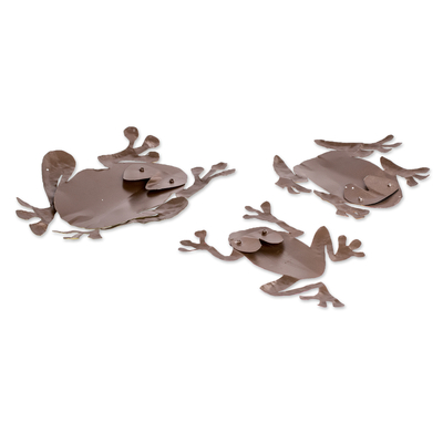Steel wall art, 'Tropical Leaps' (set of 3) - Set of 3 Hand-Painted Colorful Frog-Shaped Steel Wall Art