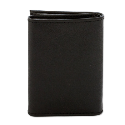 Men's recycled leather wallet, 'Elegant Organization' - Eco-Friendly Recycled Leather Men's Trifold Wallet in Black