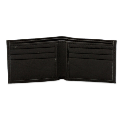 Men's recycled leather wallet, 'Practical Sophistication' - Eco-Friendly Recycled Leather Men's Bifold Wallet in Black