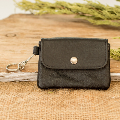 Recycled leather coin purse, 'Comfortable Prosperity' - Eco-Friendly Black Leather Coin Purse with Snap Closure