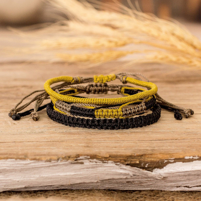 Macrame friendship bracelets, 'Coastal Dawn' (set of 3) - Set of 3 Black Yellow and Brown Macrame Friendship Bracelets