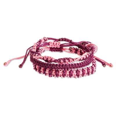 Macrame friendship bracelets, 'Burgundy and Rose' (set of 3) - Set of 3 Macrame Friendship Bracelets in Burgundy and Pink