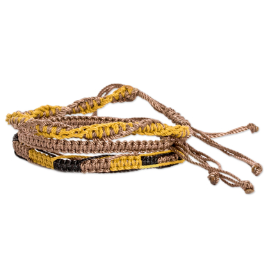 Macrame friendship bracelets, 'Summer Landscapes' (set of 3) - Set of 3 Yellow Brown and Black Macrame Friendship Bracelets