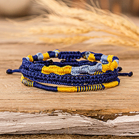 Macrame friendship bracelets, 'Blue Breeze' (set of 3) - Set of 3 Macrame Friendship Bracelets in Blue and Yellow