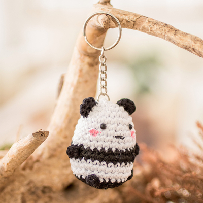 Crocheted keychain, 'Panda Charm' - Crocheted Amigurumi Panda Keychain with Stainless Steel Ring