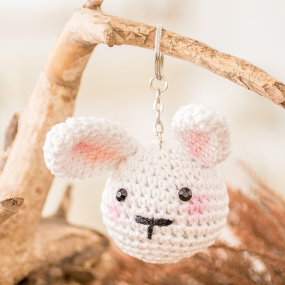 Crocheted keychain, 'Bunny Charm' - Crocheted Amigurumi Bunny Keychain with Stainless Steel Ring