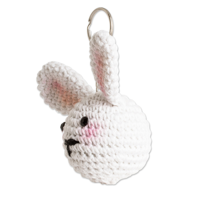 Crocheted keychain, 'Bunny Charm' - Crocheted Amigurumi Bunny Keychain with Stainless Steel Ring