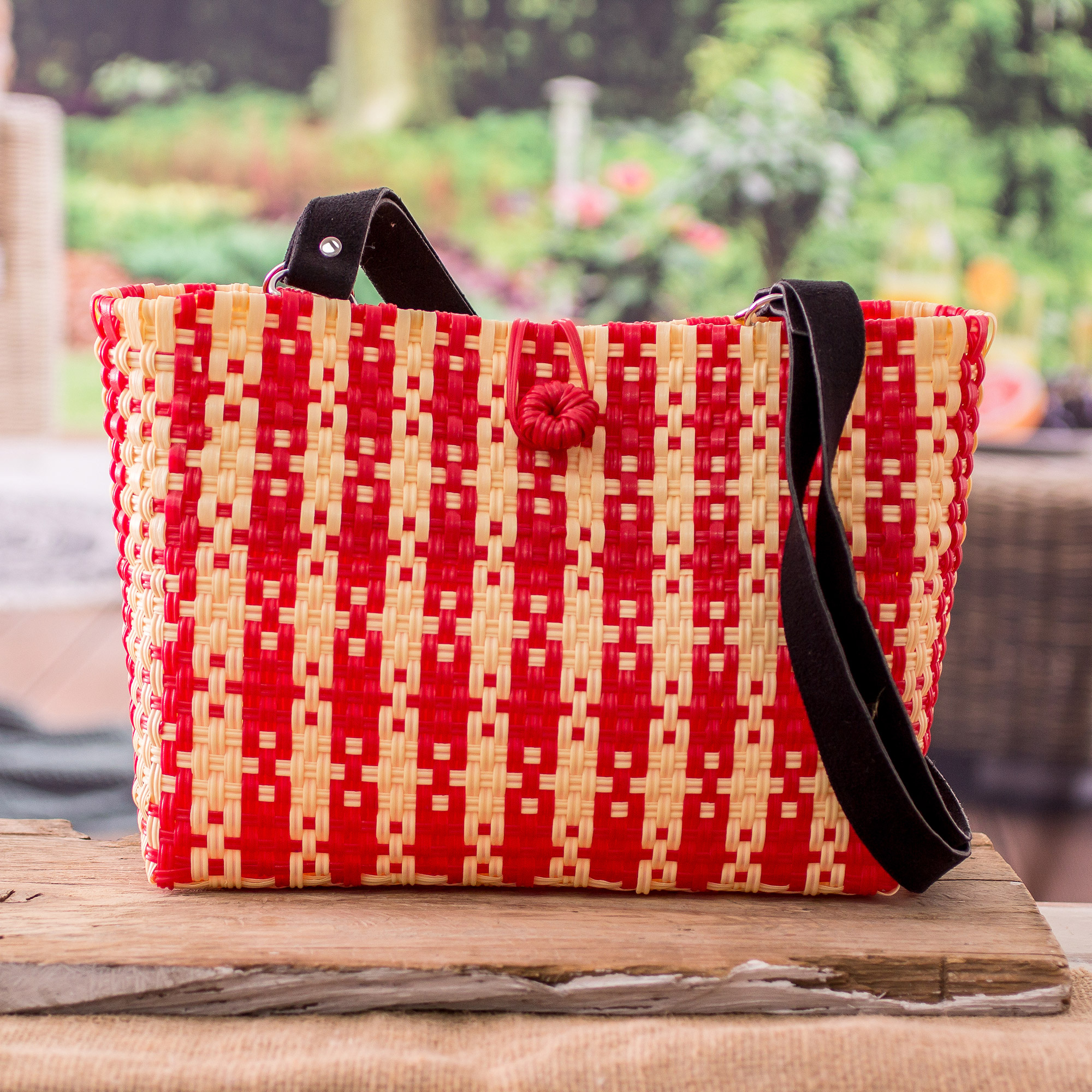 Eco-Friendly Red and Ivory Shoulder Recycled | Plastic Environment - NOVICA Chic Bag