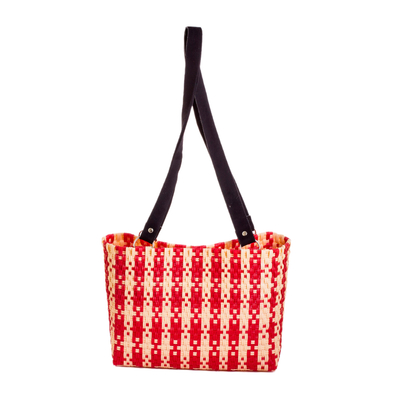 Recycled plastic shoulder bag, 'Chic Environment' - Eco-Friendly Red and Ivory Recycled Plastic Shoulder Bag