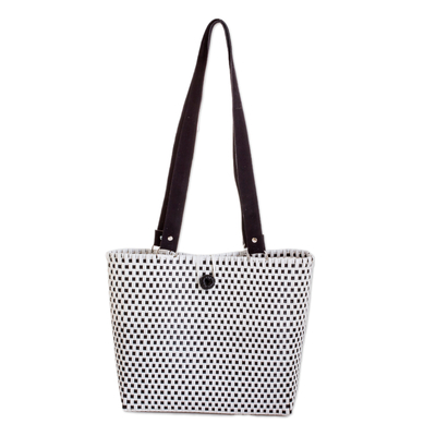 Recycled plastic shoulder bag, 'Sophisticated Planet' - Handwoven Black and White Recycled Plastic Shoulder Bag