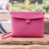 Recycled plastic sling bag, 'Sweet World' - Eco-Friendly Handwoven Pink Recycled Plastic Sling Bag