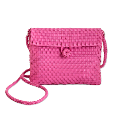 Recycled plastic sling bag, 'Sweet World' - Eco-Friendly Handwoven Pink Recycled Plastic Sling Bag