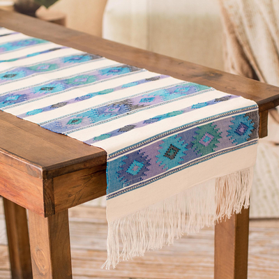 Camino de mesa de algodón - Camino de mesa de algodón azul y marfil con fleco hecho a mano