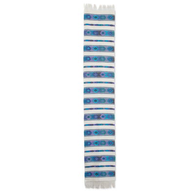 Cotton table runner, 'Celestial Banquet' - Handloomed Blue and Ivory Cotton Table Runner with Fringes