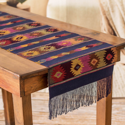 Cotton table runner, 'Nocturnal Banquet' - Handloomed Navy Blue Cotton Table Runner with Fringes
