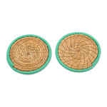 Pine needle coasters, 'Latin Toast in Green' (pair) - Handcrafted Pine Needle and Polyester Green Coasters (Pair)