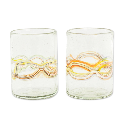 Handblown juice glasses, 'Orange Reefs' (pair) - Pair of Handblown Recycled Juice Glasses with Orange Accents