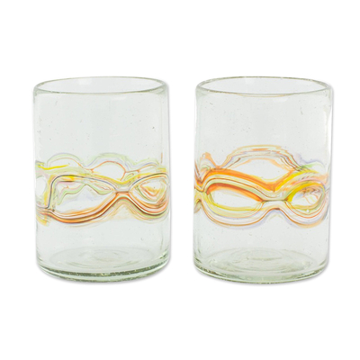 Handblown juice glasses, 'Orange Reefs' (pair) - Pair of Handblown Recycled Juice Glasses with Orange Accents