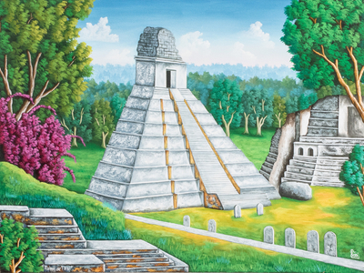 'Ruinas de Tikal' - Óleo Impresionista Firmado sobre Lienzo Pintura Tikal