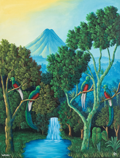 'Ave Nacional de Guatemala' - Óleo impresionista firmado sobre lienzo Pintura de pájaro quetzal