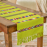 Cotton table runner, 'Route to the Forest' - Handloomed Striped Green Cotton Table Runner with Fringes