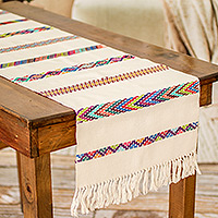 Cotton table runner, 'Route to the Sky' - Handloomed Striped Ivory Cotton Table Runner with Fringes