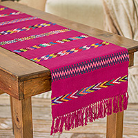 Cotton table runner, 'Route to the Garden' - Handloomed Striped Fuchsia Cotton Table Runner with Fringes