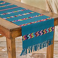 Cotton table runner, 'Route to the Lake' - Handloomed Striped Teal Cotton Table Runner with Fringes