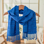 Rayon scarf, 'Blue Reflections' - Fringed Blue Scarf Hand-Woven from Rayon in Guatemala