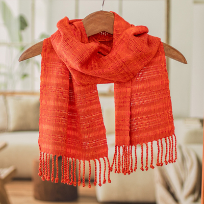 Rayon scarf, 'Orange Reflections' - Fringed Orange Scarf Hand-Woven from Rayon in Guatemala