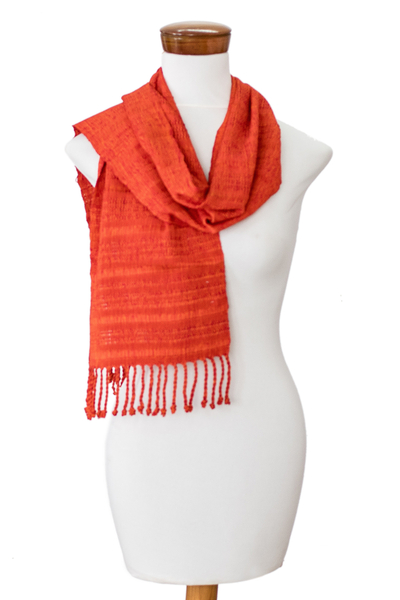 Rayon scarf, 'Orange Reflections' - Fringed Orange Scarf Hand-Woven from Rayon in Guatemala